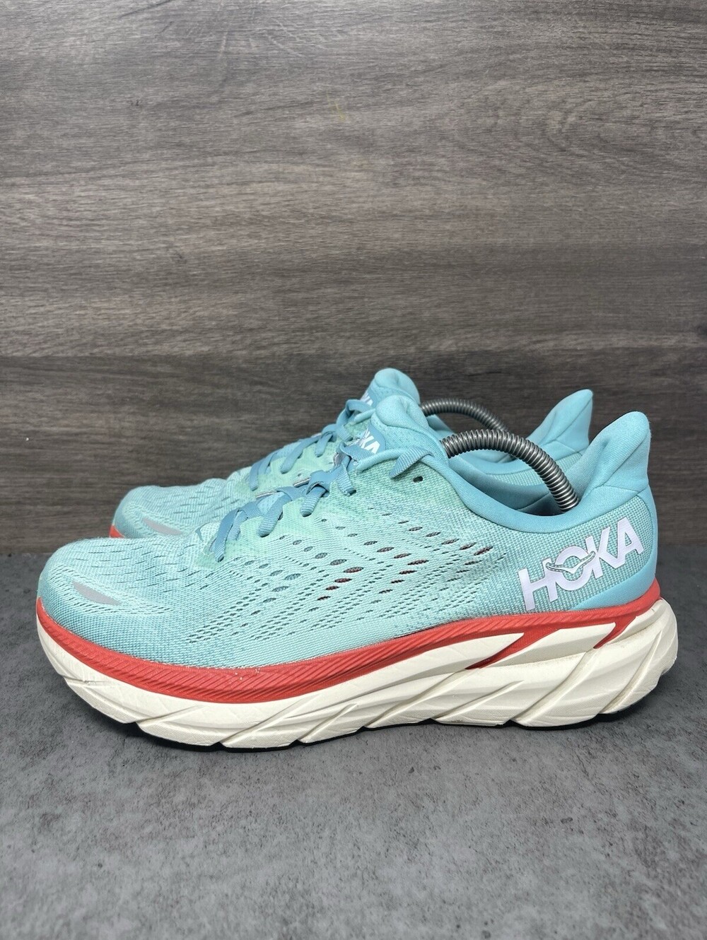 HOKA Clifton 8 Size 10.5 Womens Aquarelle Blue Red Cushioned Running Shoes